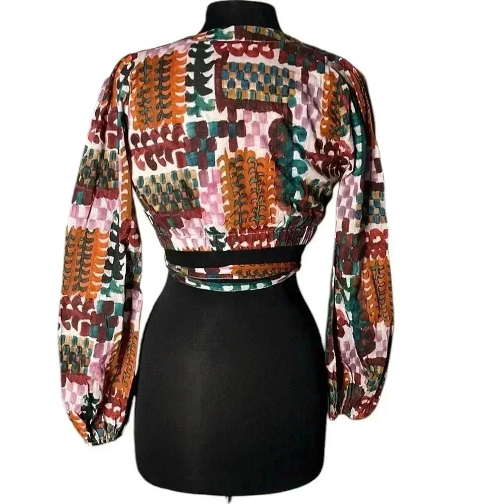 Anthropologie Singapore Abstract Tie Waist Multicolor Cropped Top Size 0 - Picture 4 of 8